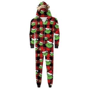 Dr Seuss Grinch One piece Pajamas Womens XL Red Plaid Reindeer Hood Christmas